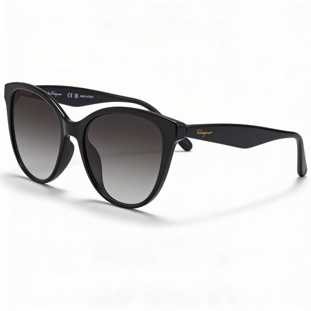 Gafas de sol de mujer Ferragamo SF1073S negras de plástico con forma de ojo de gato, lentes degradadas grises de 54 mm, protección UV