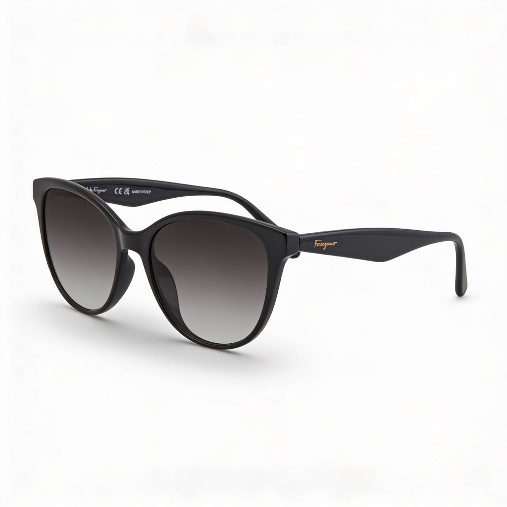 Gafas de sol Salvatore Ferragamo SF1073S para mujer, de plástico negro, estilo ojo de gato, con degradado gris y protección UV, 54 mm