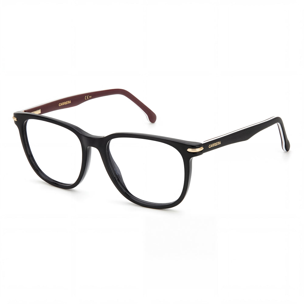 Montura de gafas Carrera 308 unisex fabricada en plástico con franjas negras, con lentes no polarizadas y un ancho de lente de 53 mm