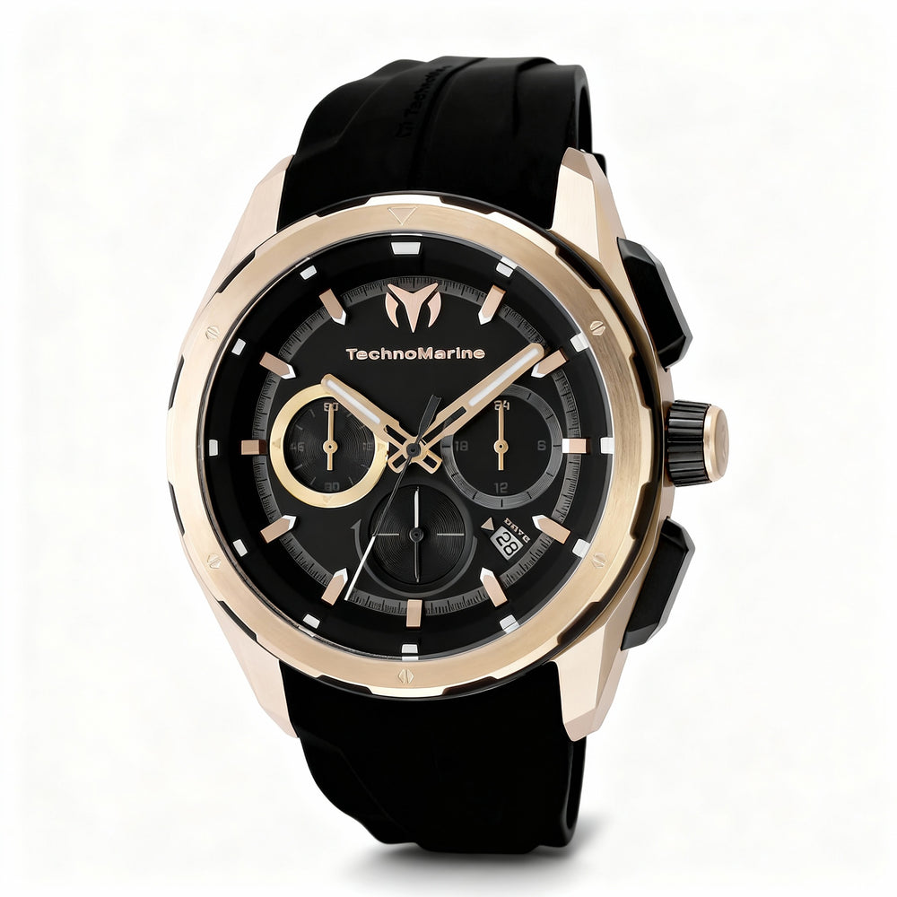 TechnoMarine OCEAN - NOMAD TM-318106 Reloj cronógrafo de cuarzo para hombre, acero inoxidable de 43 mm, esfera negra, correa de silicona