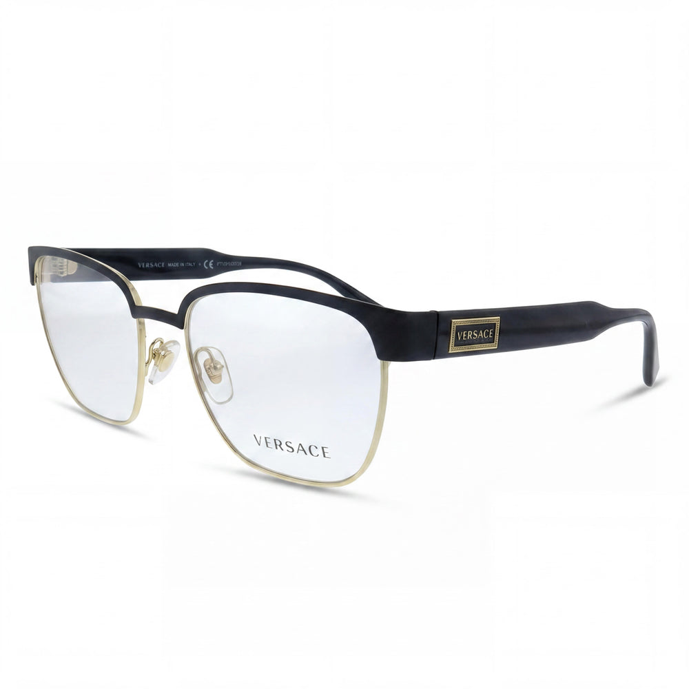 Gafas Versace Modern VE1264 Unisex con Montura Metálica Dorada y Negra Mate, Diseño Almohada, Lentes Transparentes 54mm