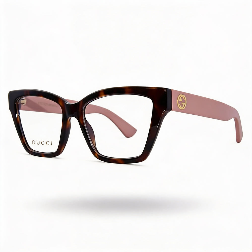 Montura de gafas Gucci rectangular de acetato color carey para mujer con logotipo GG entrelazado en rosa habano transparente