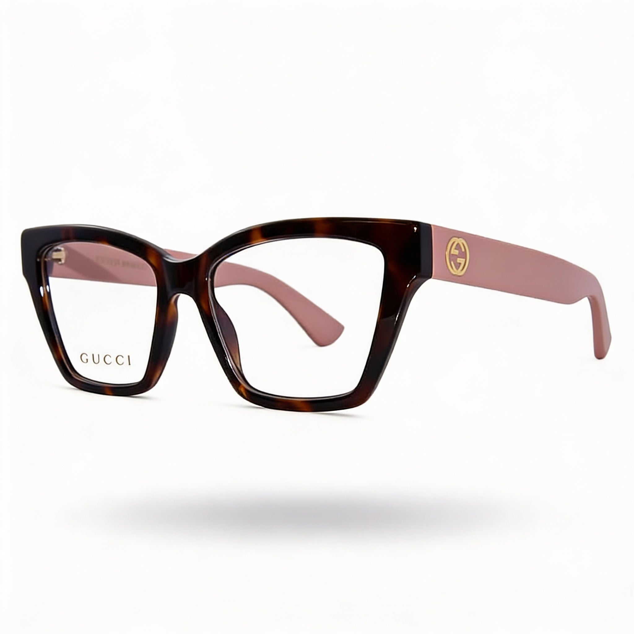 Gucci Women's Rectangular Tortoise Acetate Eyeglass Frames with GG Interlocking Logo in Havana Pink Transparent, Photo 1