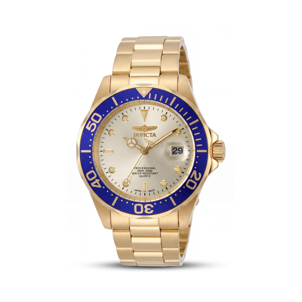 Invicta Bracelet Reloj de buceo luminoso para hombre de 40 mm, tono dorado, bisel azul, acero inoxidable, resistencia al agua de 200 m