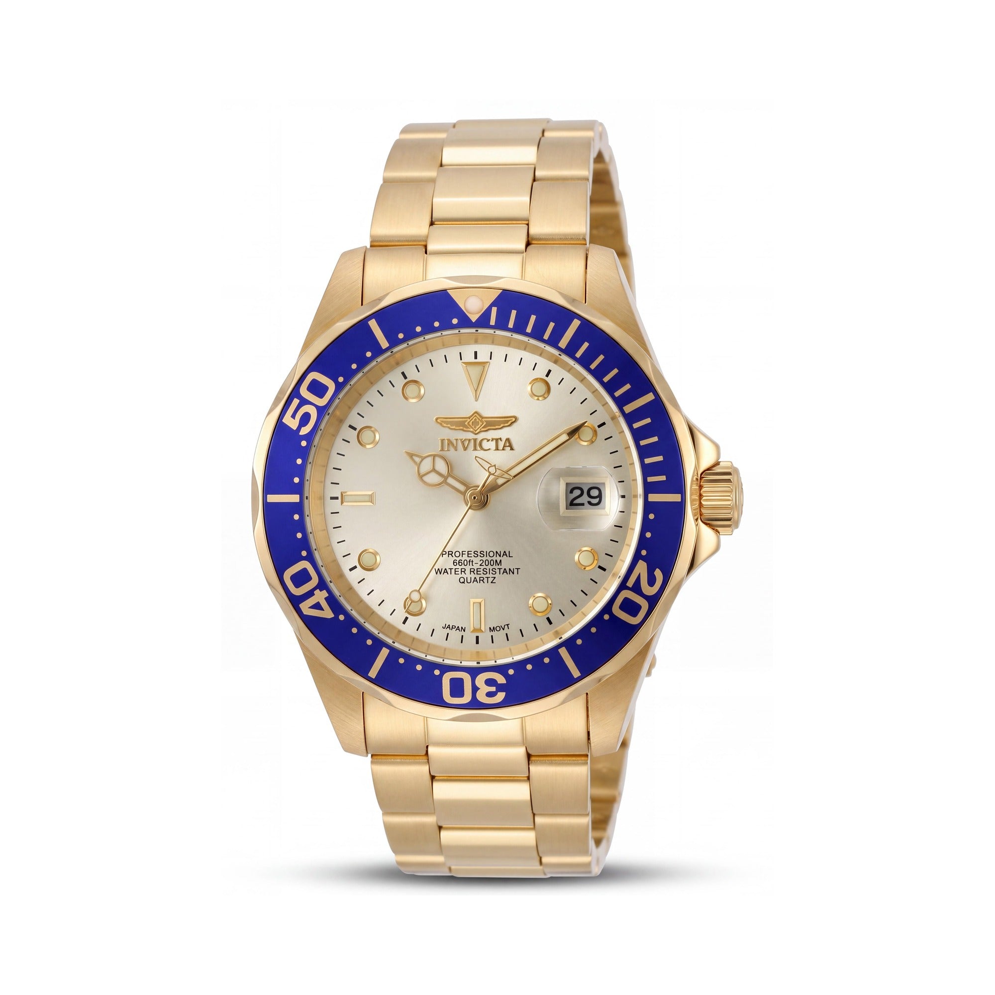 Invicta Bracelet Men's 40mm Gold Tone Blue Bezel Stainless Steel Luminous Dive Watch, 200M WR, Photo 1