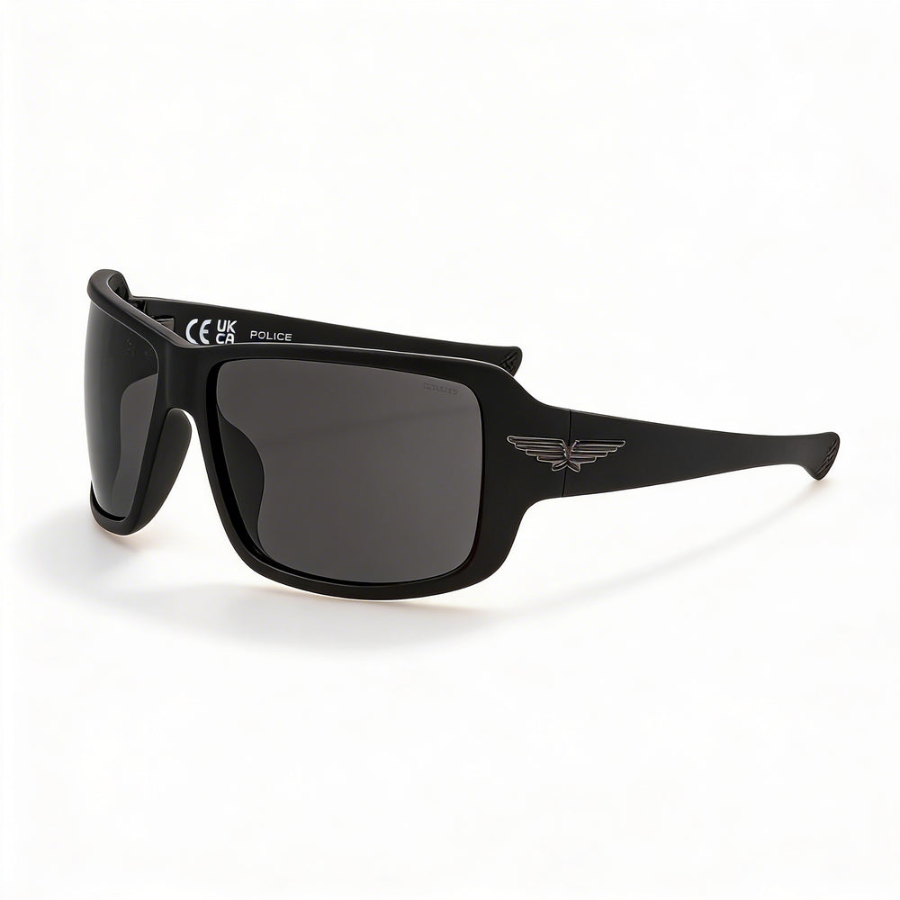 Gafas de sol Police Casual para hombre con montura inyectada, montura negra mate, lentes de policarbonato ahumado, 65-14-115 mm