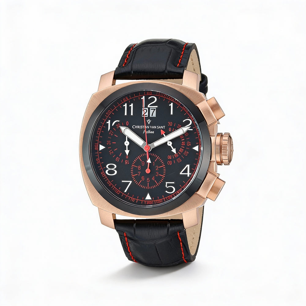 Christian Van Sant Men's Grand Python Black Dial Stainless Steel Leather Strap Swiss Quartz Chronograph Watch