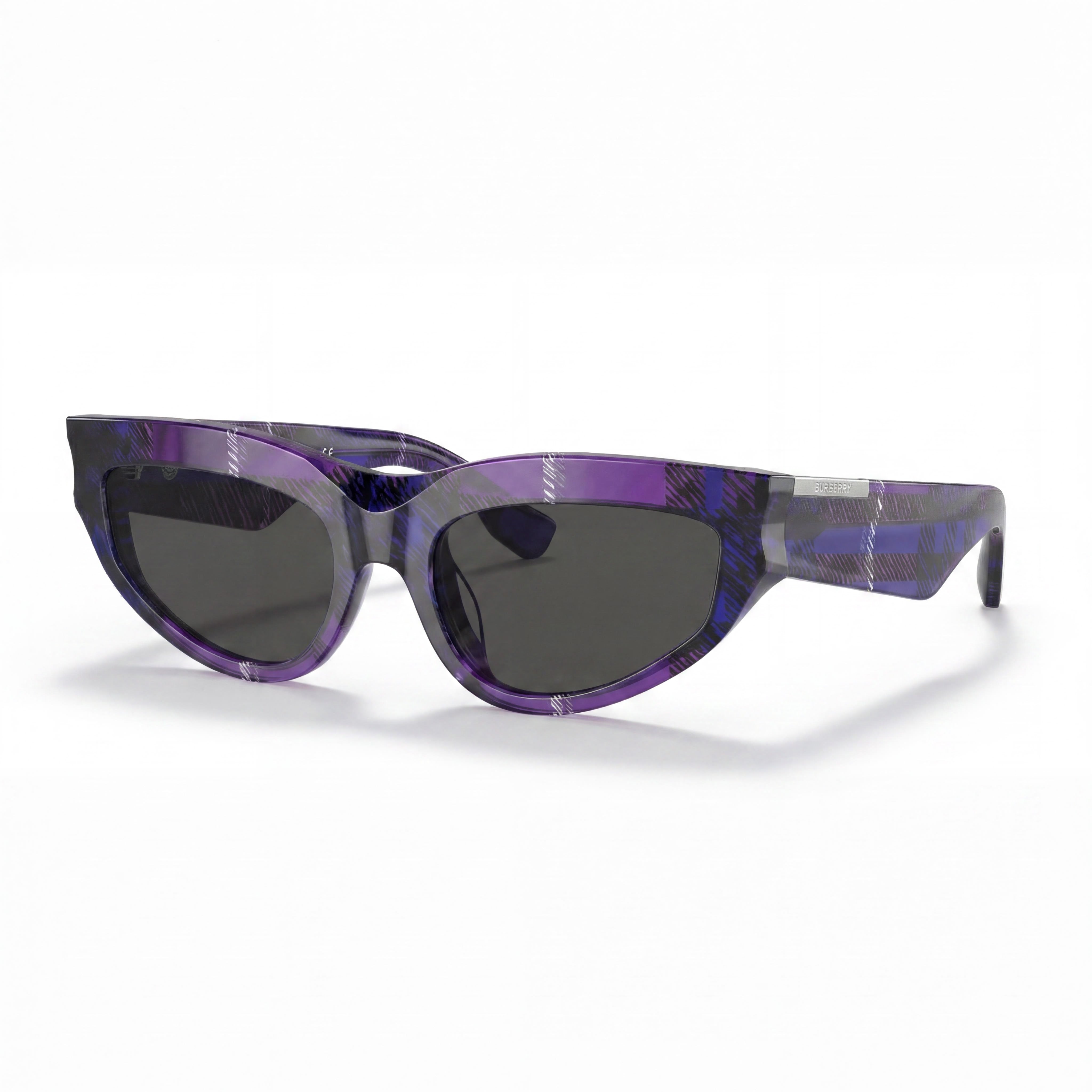 BURBERRY Be 4425u Gafas de sol de acetato tipo ojo de gato para mujer, violeta oscuro a cuadros, lentes UV gris oscuro de 55 mm, Photo 1