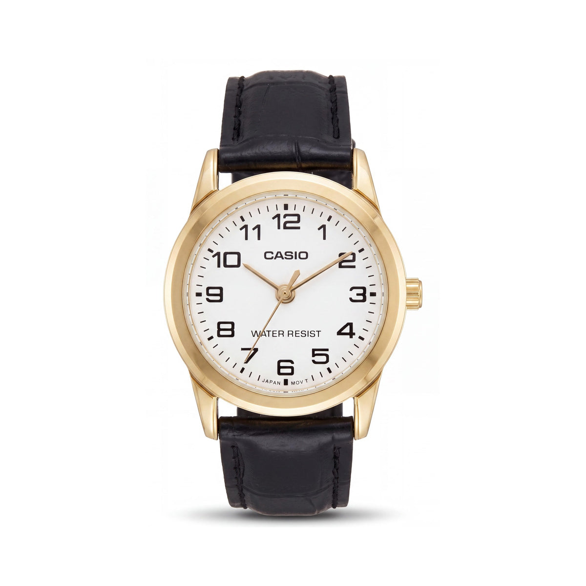 Reloj de cuarzo Casio para mujer, caja de acero inoxidable negra, blanca y dorada con correa de cuero, 31 mm, resistente al al agua, Photo 1