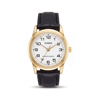 Casio LTPV001GL-7B Women's Quartz Watch, Black, White & Gold Stainless Steel Case with Leather Band, 31mm, Water Resistant