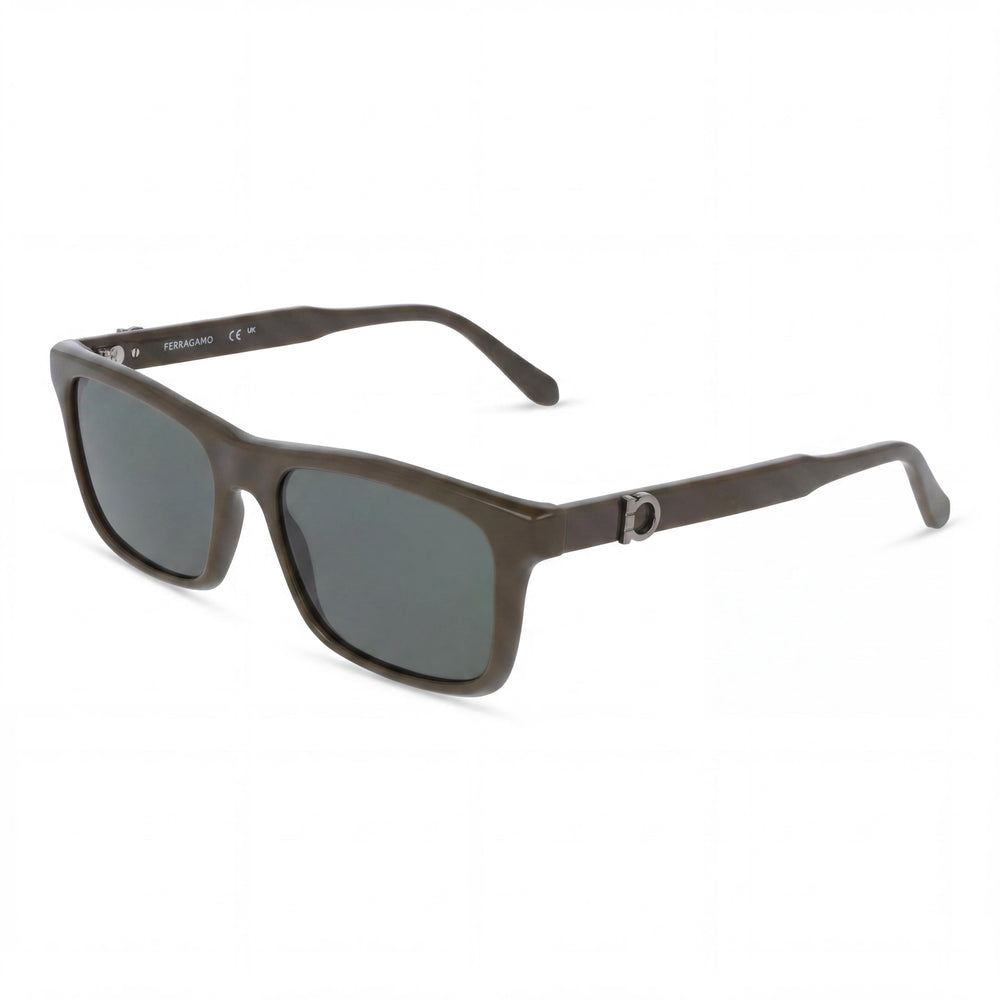Ferragamo Sf2060se Unisex Dark Khaki Acetate Frame Sunglasses with Solid Green Plastic Lenses 55-17-145 UV 400 Protection