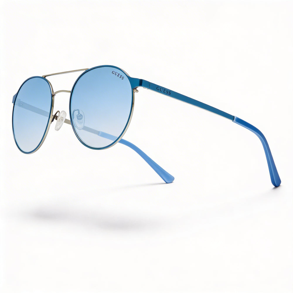 Guess Gu3023 Women's Anti-Reflective Rounded Metal Light Blue & Blue Mirror Frame Sunglasses with Blue Mirror Lenses 52mm