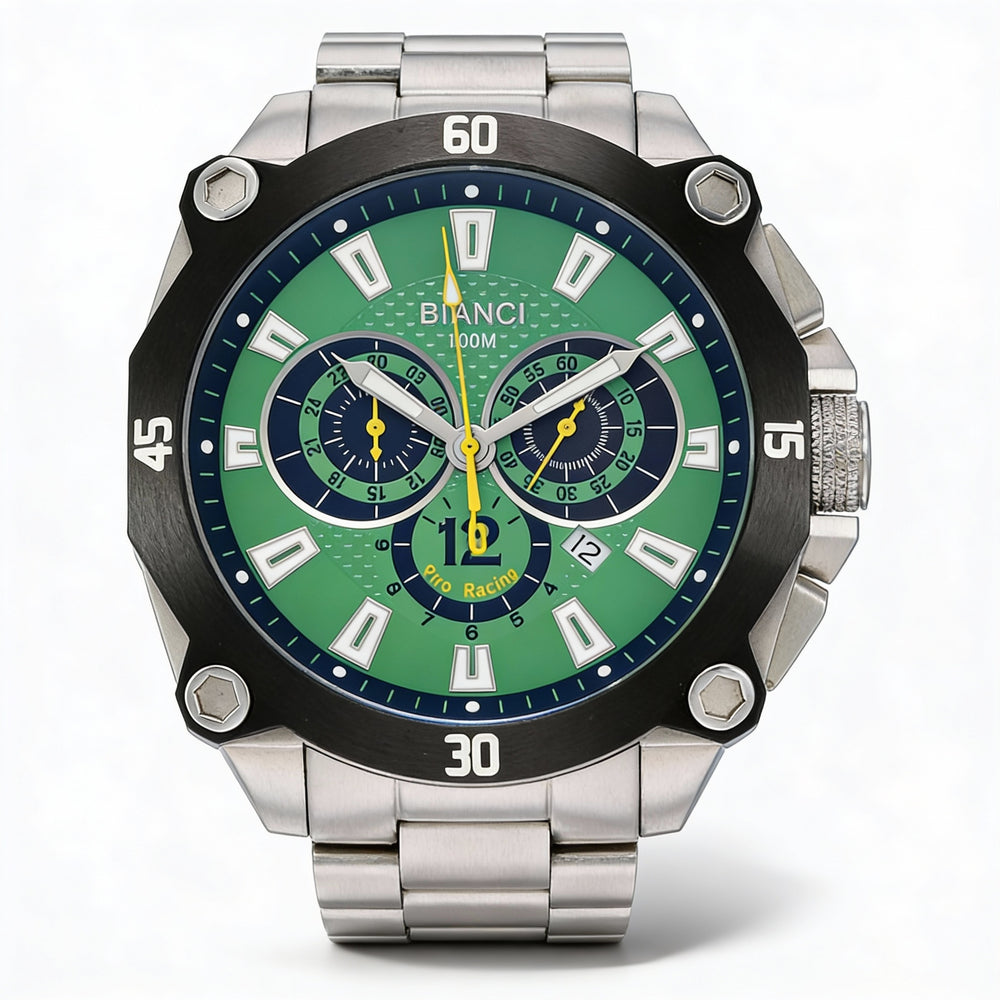 Roberto Bianci Men's casual Chronograph Quartz Watch, Silver Stainless Steel, Green Dial, Water Resistant 100m