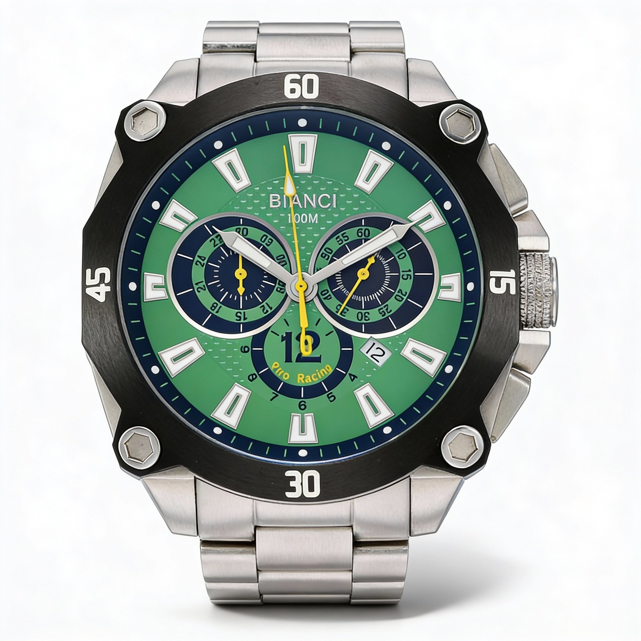 Reloj cronógrafo de cuarzo casual para hombre Roberto Bianci, acero inoxidable plateado, esfera verde, resistente al agua 100 m, Photo 1