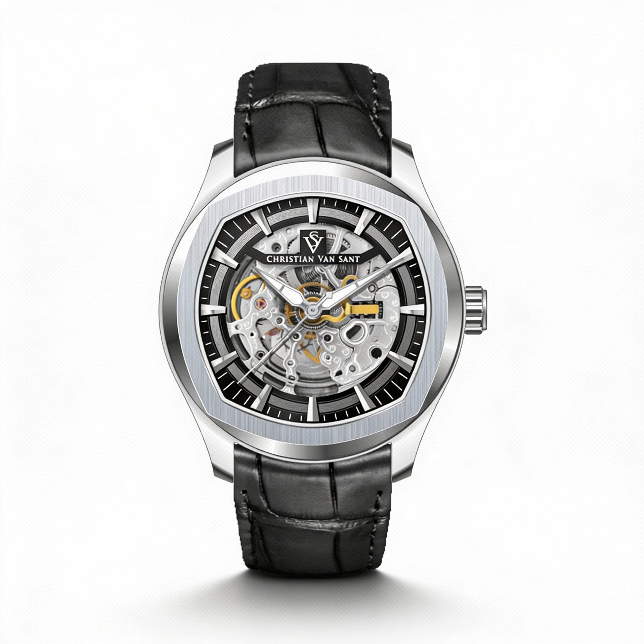 Christian Van Sant Strap Men's Automatic Movement Black Dial Stainless Steel Case Leather Band Watch, Photo 1