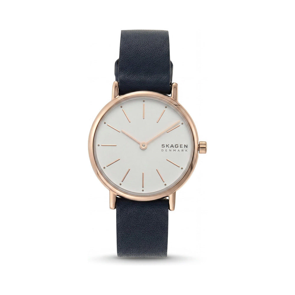 Reloj SKAGEN DENMARK Signatur Lille para mujer, 30 mm, acero inoxidable, oro rosa, cuero azul, esfera blanca