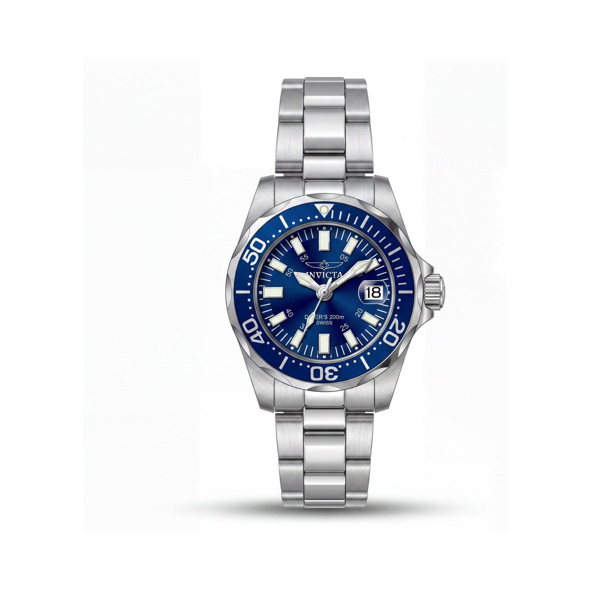 Invicta Pulsera Unisex Acero Inoxidable Plateado 27mm Esfera Azul Reloj de Cuarzo Suizo, Brilla en la Oscuridad, 200M RM, Photo 1