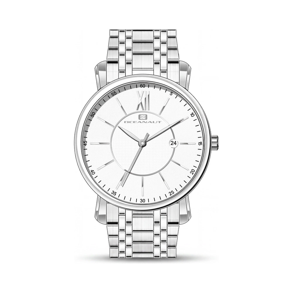 Reloj Oceanaut para hombre, resistente al agua, con caja y pulsera de acero inoxidable, esfera blanca, movimiento de cuarzo y mineral resistente a arañazos.