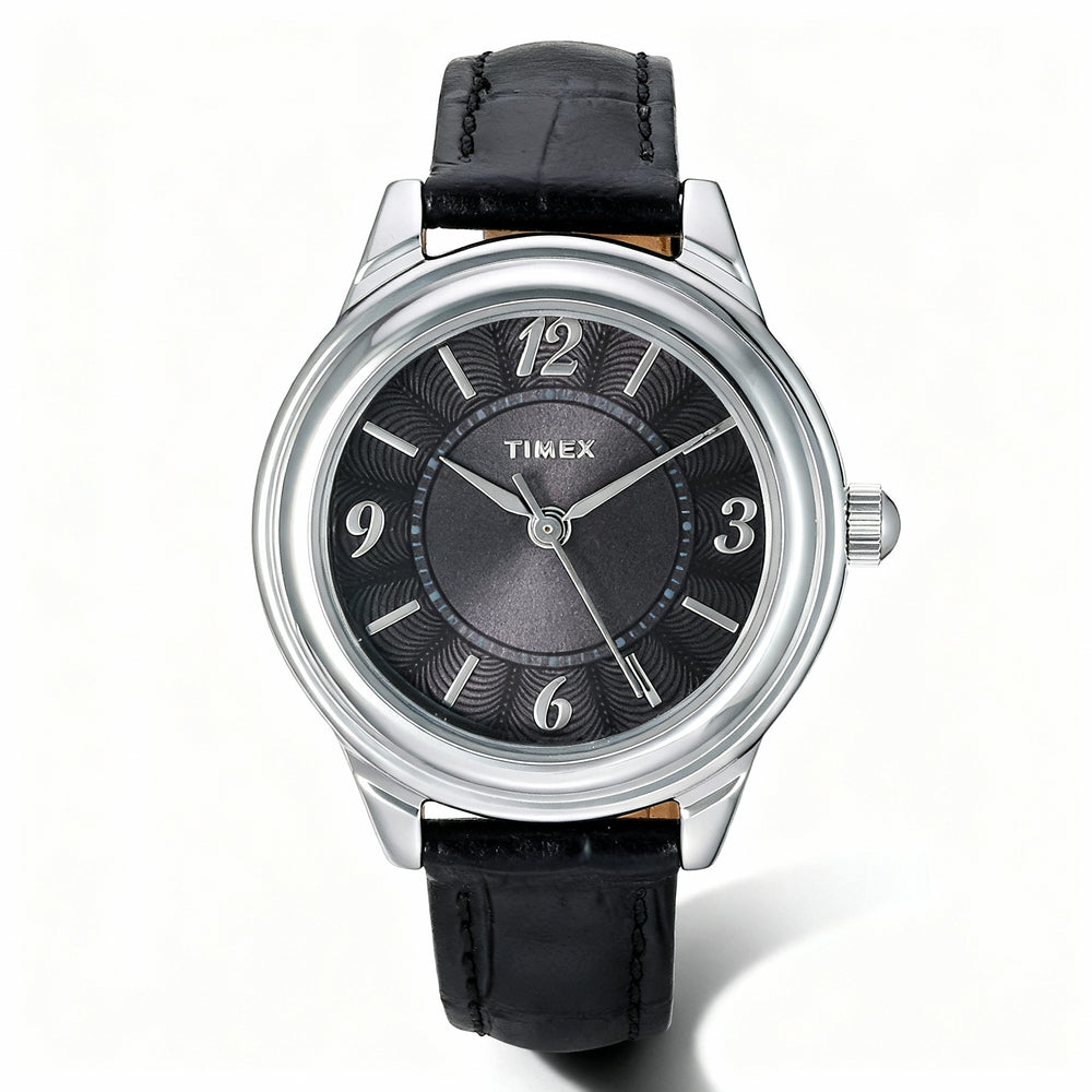 Reloj Timex Classic para mujer de 26 mm con caja de latón plateado y correa de cuero negro, resistente al agua