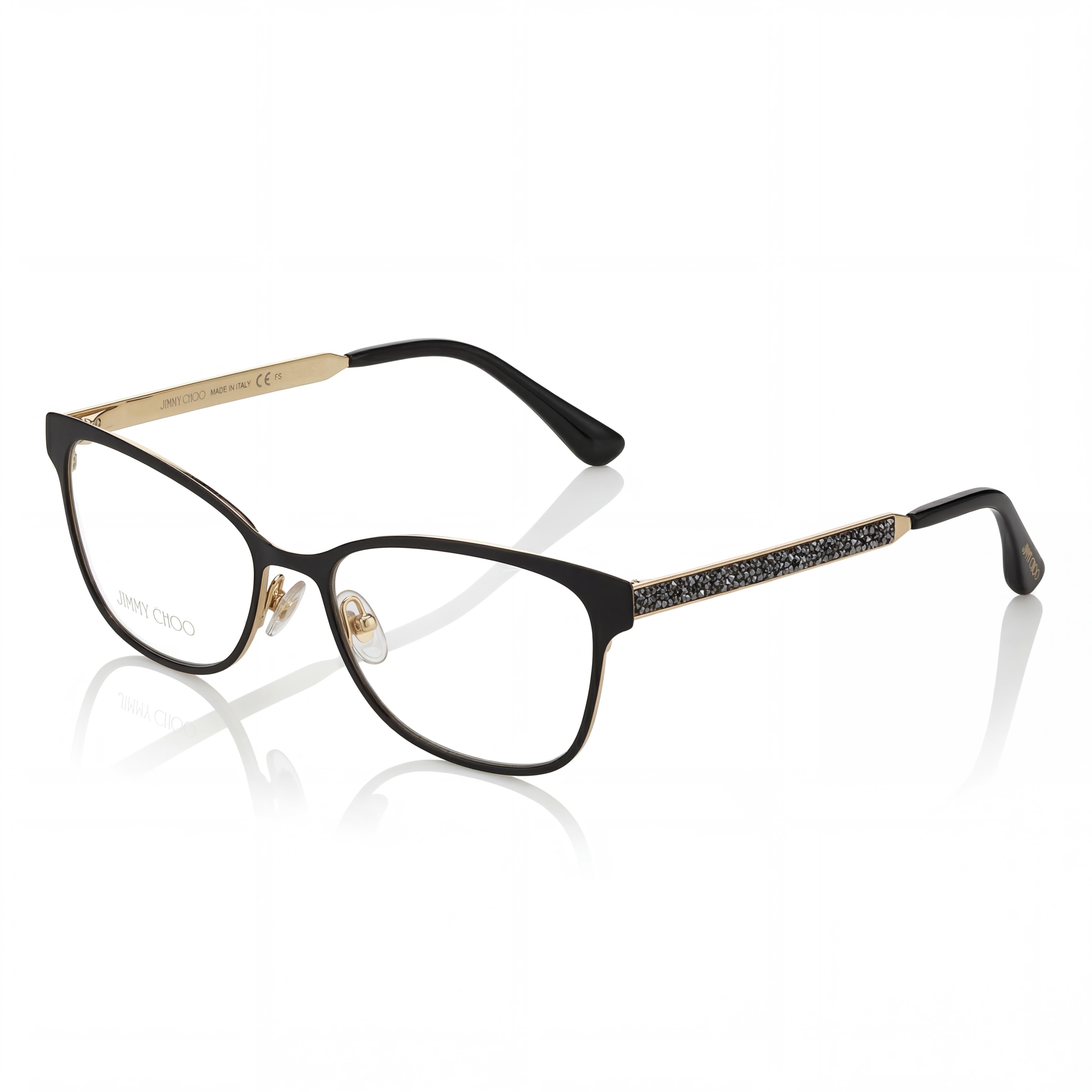 Gafas de moda JIMMY CHOO The Twins para hombre con lentes transparentes, montura de metal y cristales Swarovski, color oro rosa negro mate, 52 mm, Photo 1