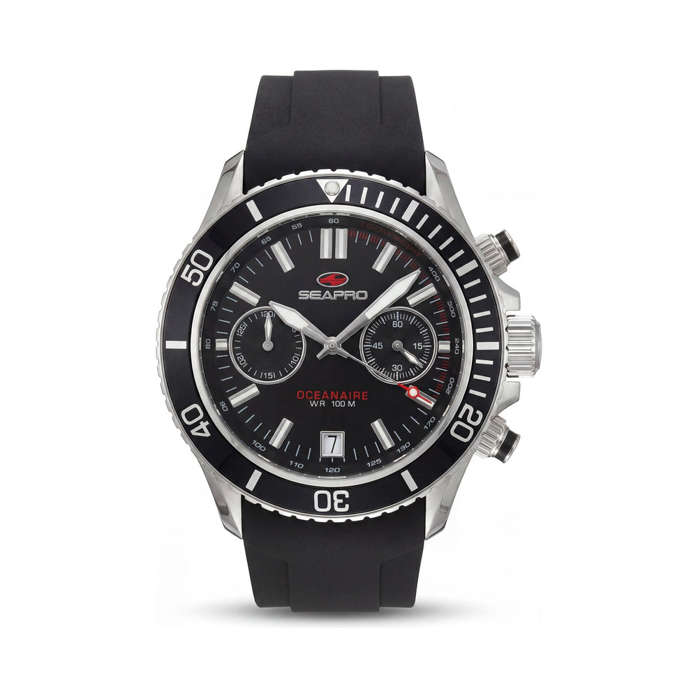 Reloj Seapro Thrash de cuarzo para hombre SP0330, correa de silicona, caja de acero inoxidable negra, cronógrafo, fecha, bisel giratorio, resistente al agua 100m