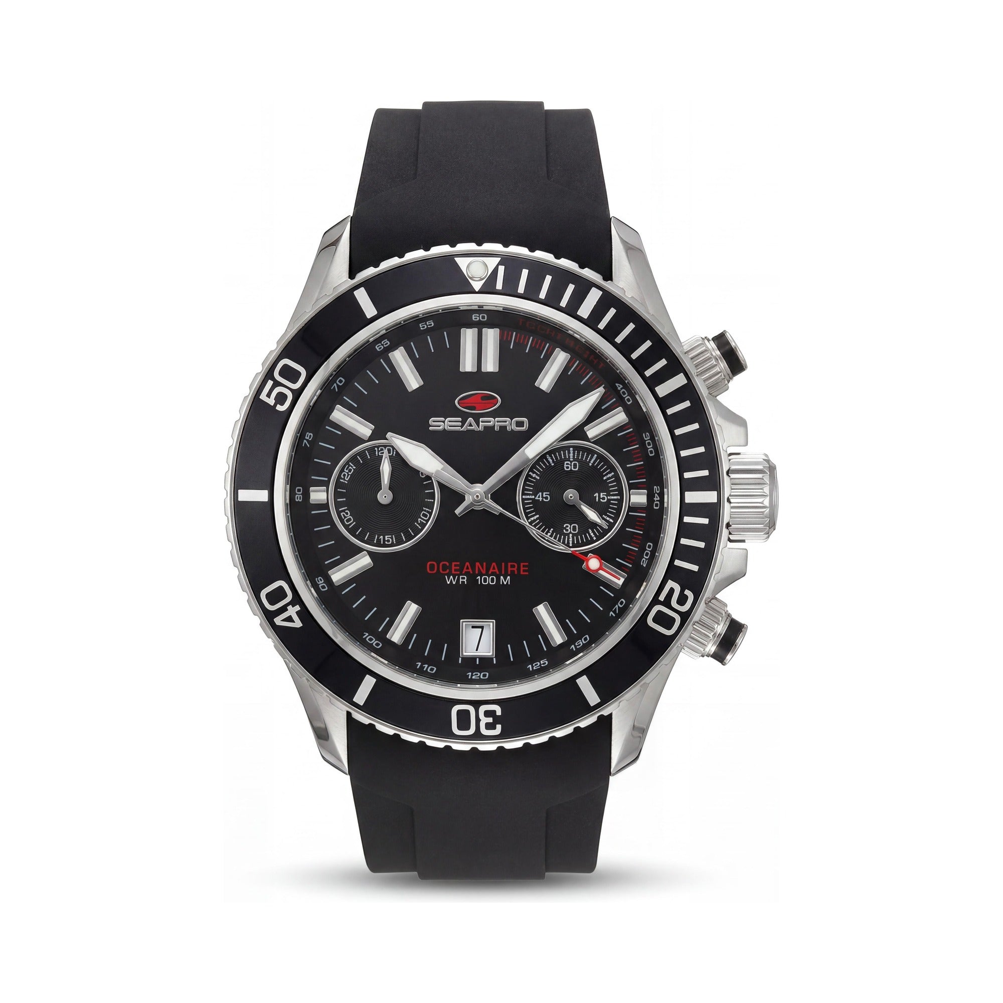 Seapro Men's SP0330 Thrash Black Stainless Steel Case Silicone Strap Quartz Chronograph Date Rotating Bezel Water Resistant 100m Watch, Photo 1
