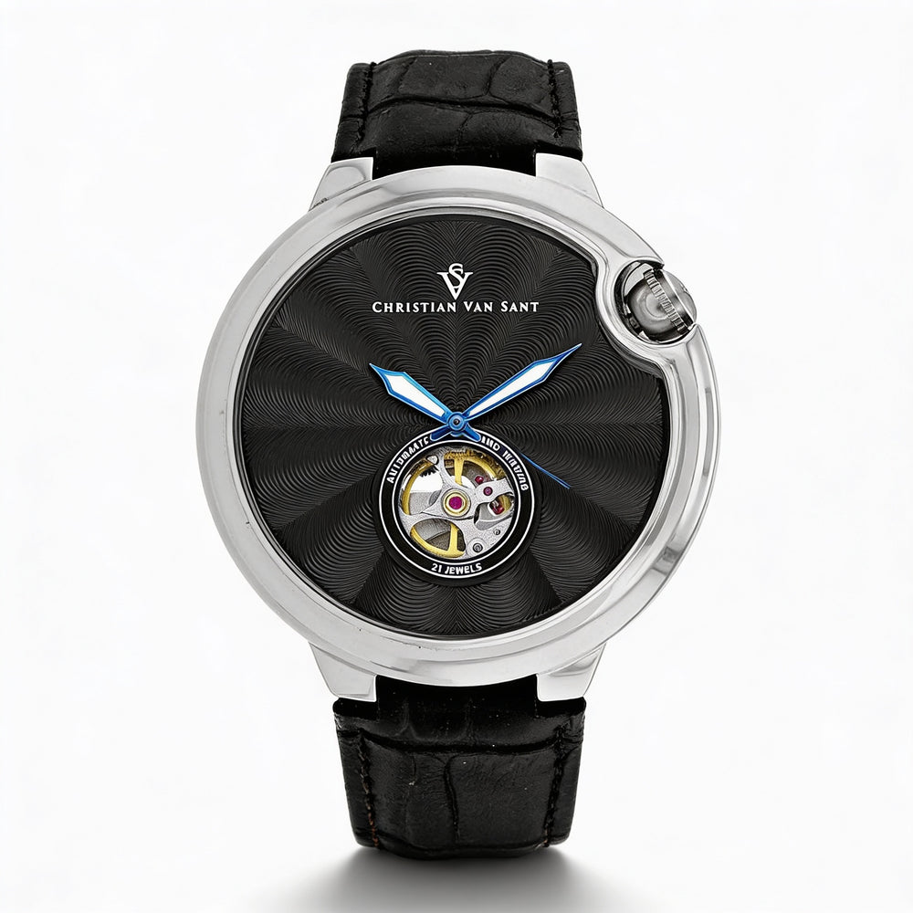 Reloj Christian Van Sant para hombre, moderno, con esfera negra, movimiento automático, resistente al agua y cristal mineral resistente a arañazos.