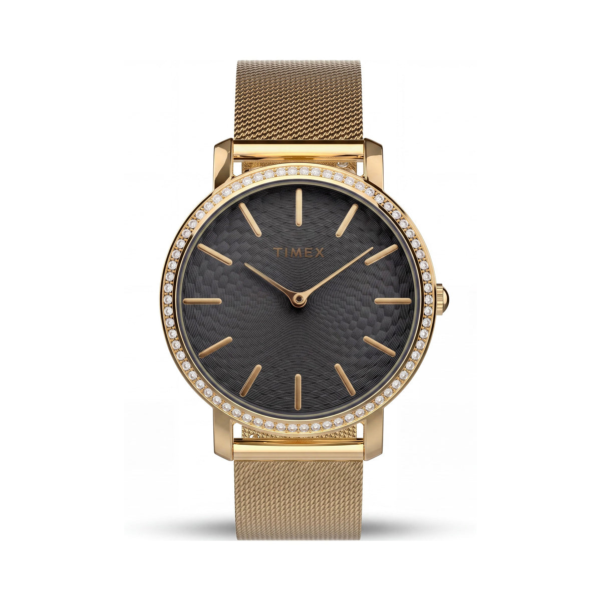 Reloj Timex Transcend de 34 mm para mujer con cristales, esfera negra, correa de malla de acero inoxidable en tono dorado, Photo 1