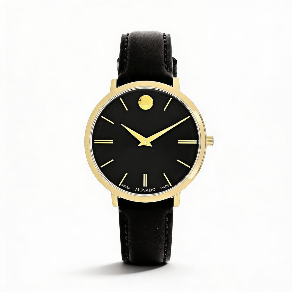 Reloj de cuarzo Movado para mujer con correa de cuero, caja de acero inoxidable y esfera negra, resistente a los arañazos, resistente al agua 3 ATM