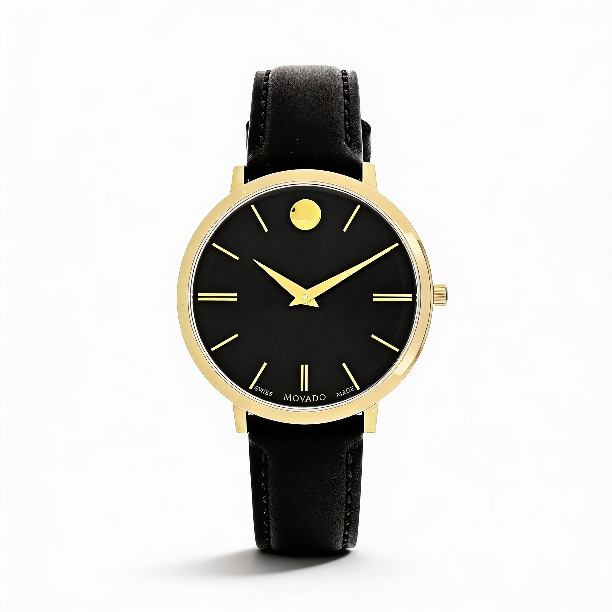 Movado Strap Women's Black Dial Stainless Steel Case Leather Strap Quartz Watch, Scratch Resistant, Water Resistant 3 ATM, Photo 1