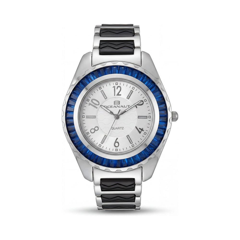 Reloj Oceanaut para mujer con movimiento de cuarzo, caja plateada, esfera plateada y bisel adornado con cristales.