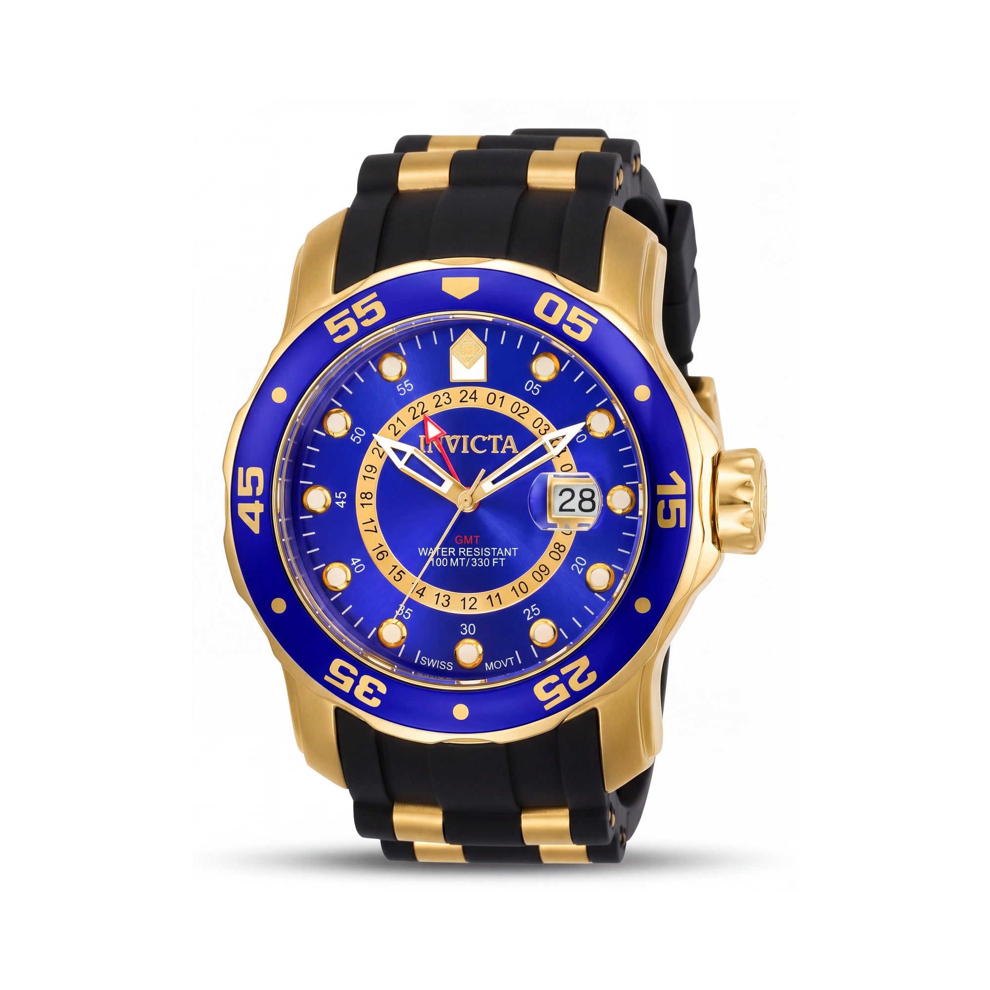 Invicta Men's Pro Diver Collection Casual Gold-Tone Blue Dial Black Polyurethane GMT Swiss Quartz Watch, Photo 1