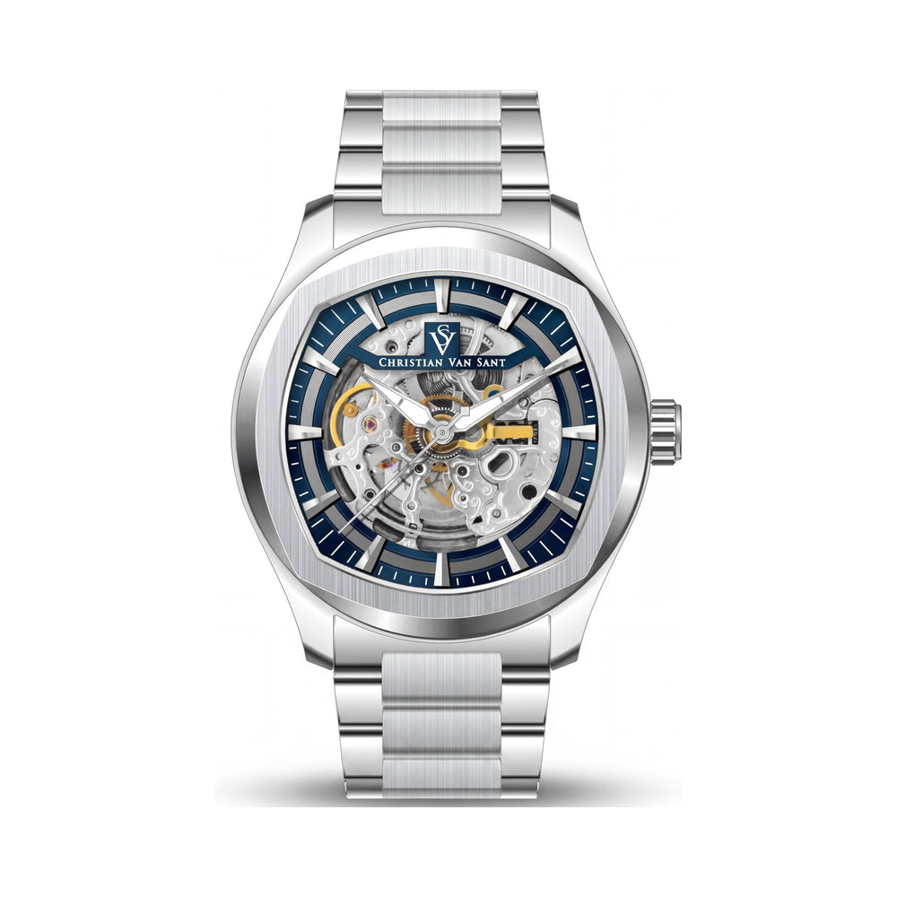 Christian Van Sant Men's Bracelet Watch with Blue Dial, Stainless Steel Case & Bracelet, Automatic Movement, Water Resistant 50M