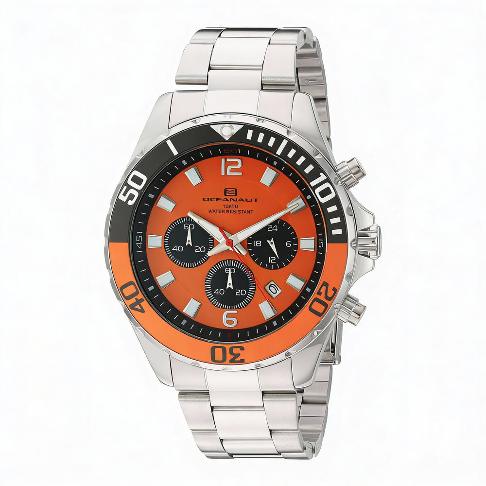 Reloj de cuarzo Oceanaut Sevilla para hombre, con caja y pulsera de acero inoxidable, esfera naranja, cronógrafo, fecha, 45 mm, resistente al agua hasta 100 m.