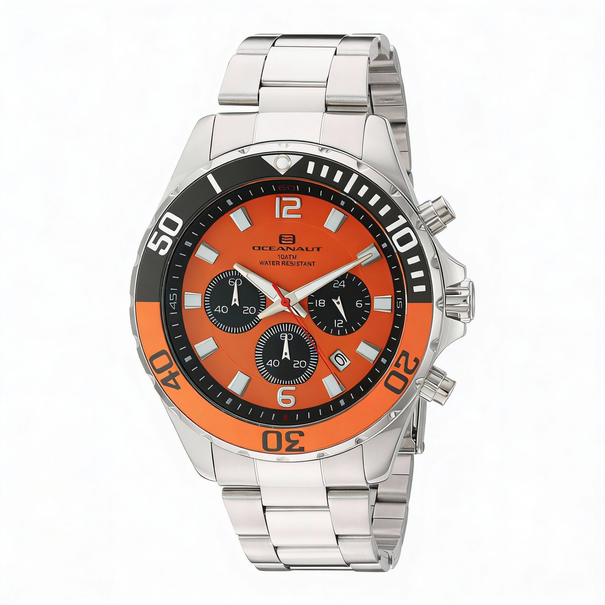 Reloj de cuarzo Oceanaut Sevilla para hombre, con caja y pulsera de acero inoxidable, esfera naranja, cronógrafo, fecha, 45 mm, resistente al agua hasta 100 m., Photo 1