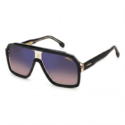 Gafas de sol Carrera Classic unisex de acetato, montura negra, beige y marrón, lentes de espejo azul con degradado marrón, protección UV de 60 mm.