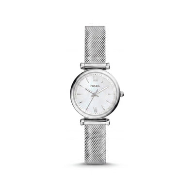Fossil Women's Carlie - ES4432 Silver Mesh Stainless Steel Watch, White Dial, 28mm Case, Water Resistant