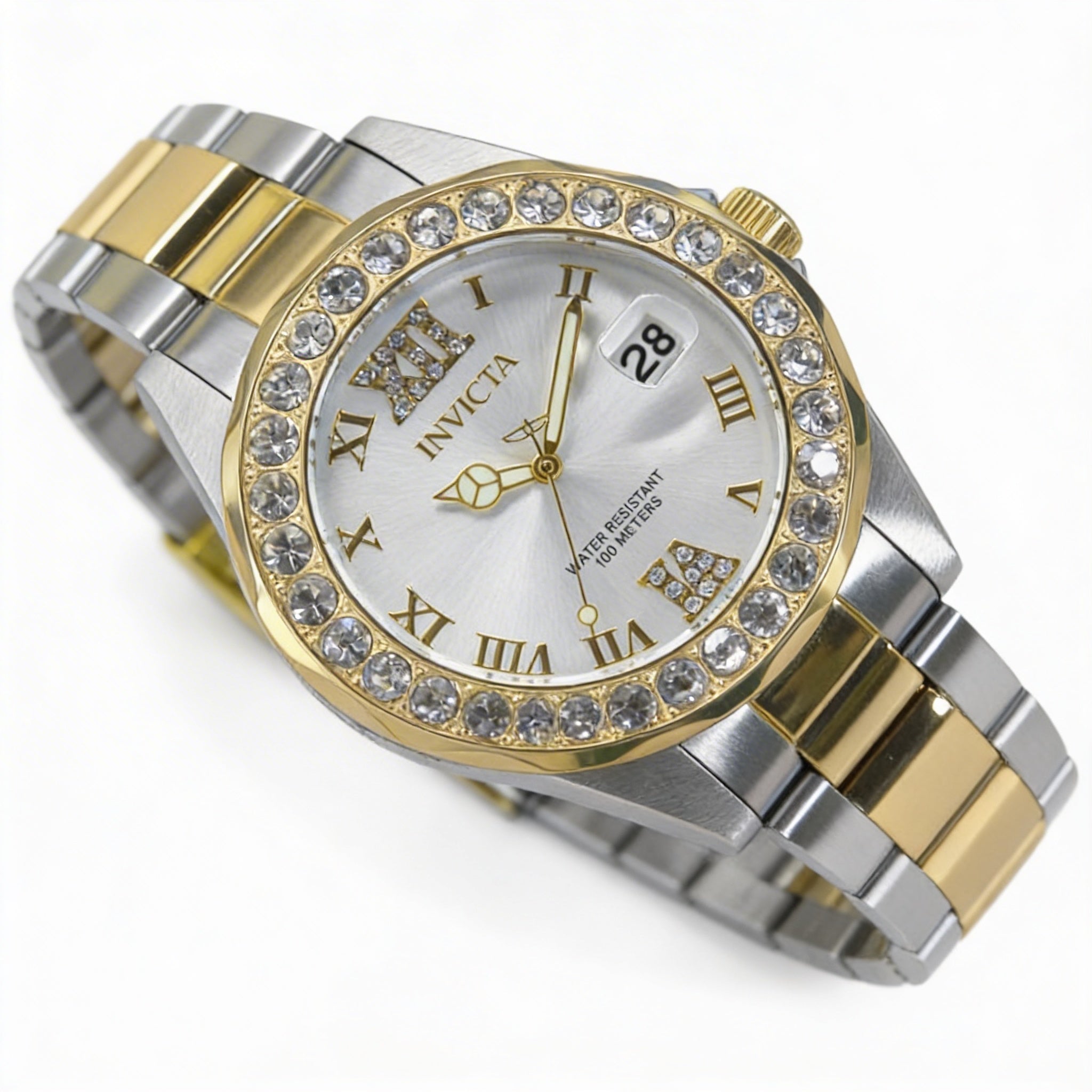 Reloj Invicta Pro Diver 20215 para mujer, de acero inoxidable bicolor, 38 mm, esfera plateada con efecto rayos de sol y cristales engastados, resistente al agua., Photo 1