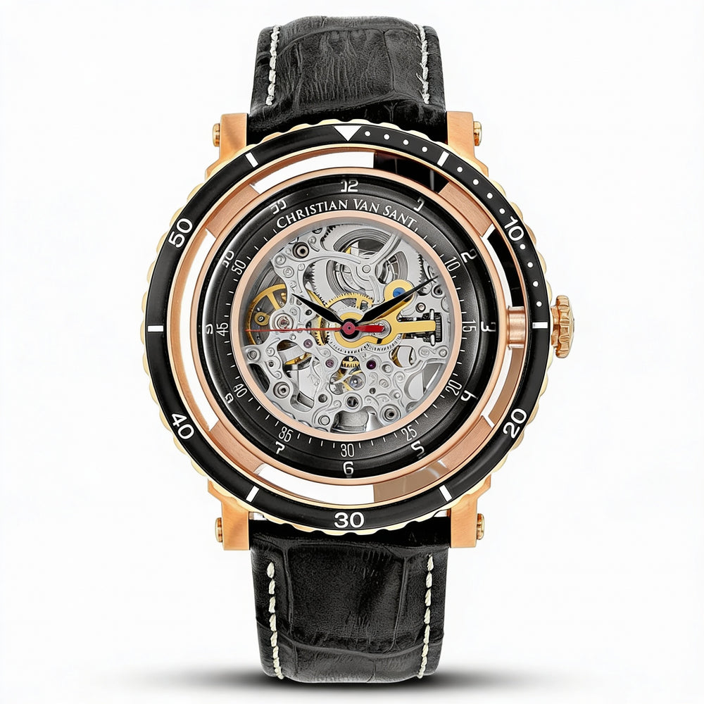 Reloj automático Christian Van Sant para hombre, caja de acero inoxidable plateada, esfera esqueletizada, cristal de burbuja y correa de piel.