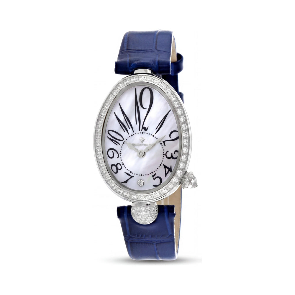 Reloj Christian Van Sant Florentine CV4292 para mujer, caja de acero inoxidable blanco, correa de piel y esfera de nácar