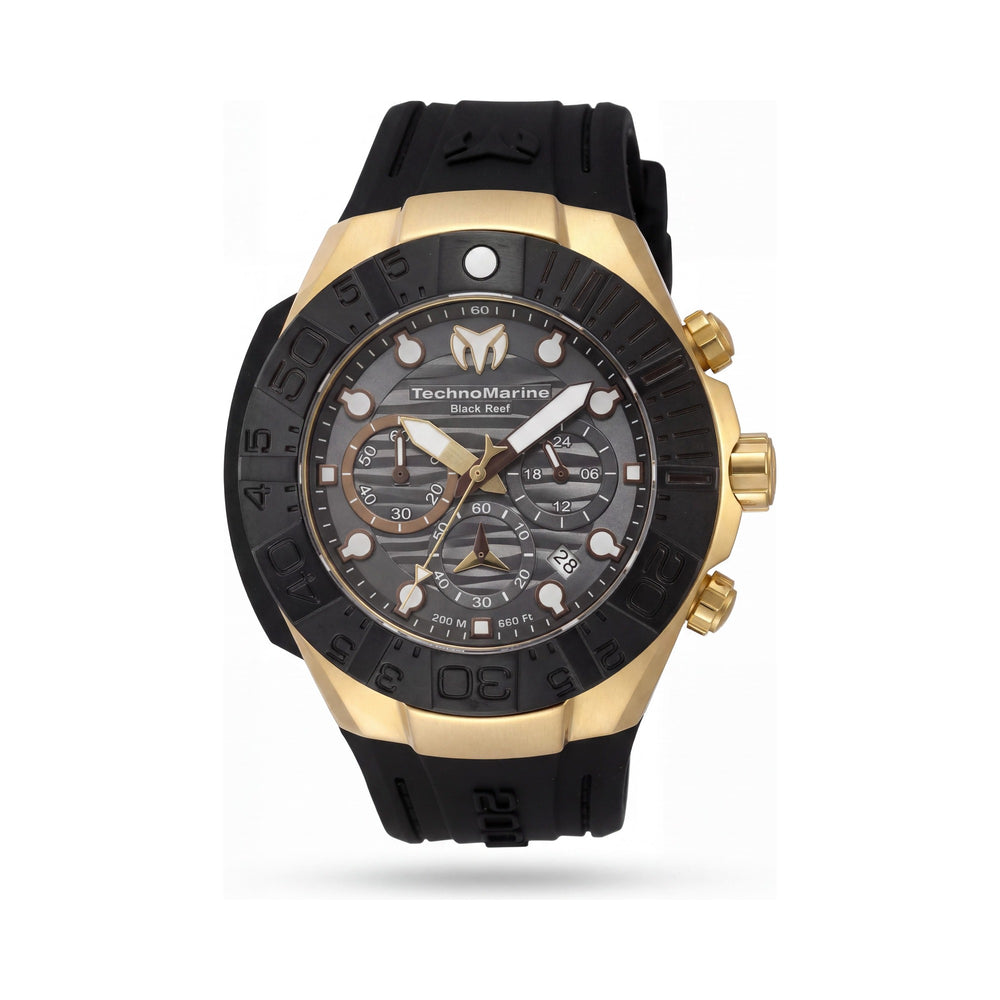 Reloj de cuarzo cronógrafo para hombre TechnoMarine Reef TM-523012 con caja de acero inoxidable negra y dorada y correa de silicona de 45 mm