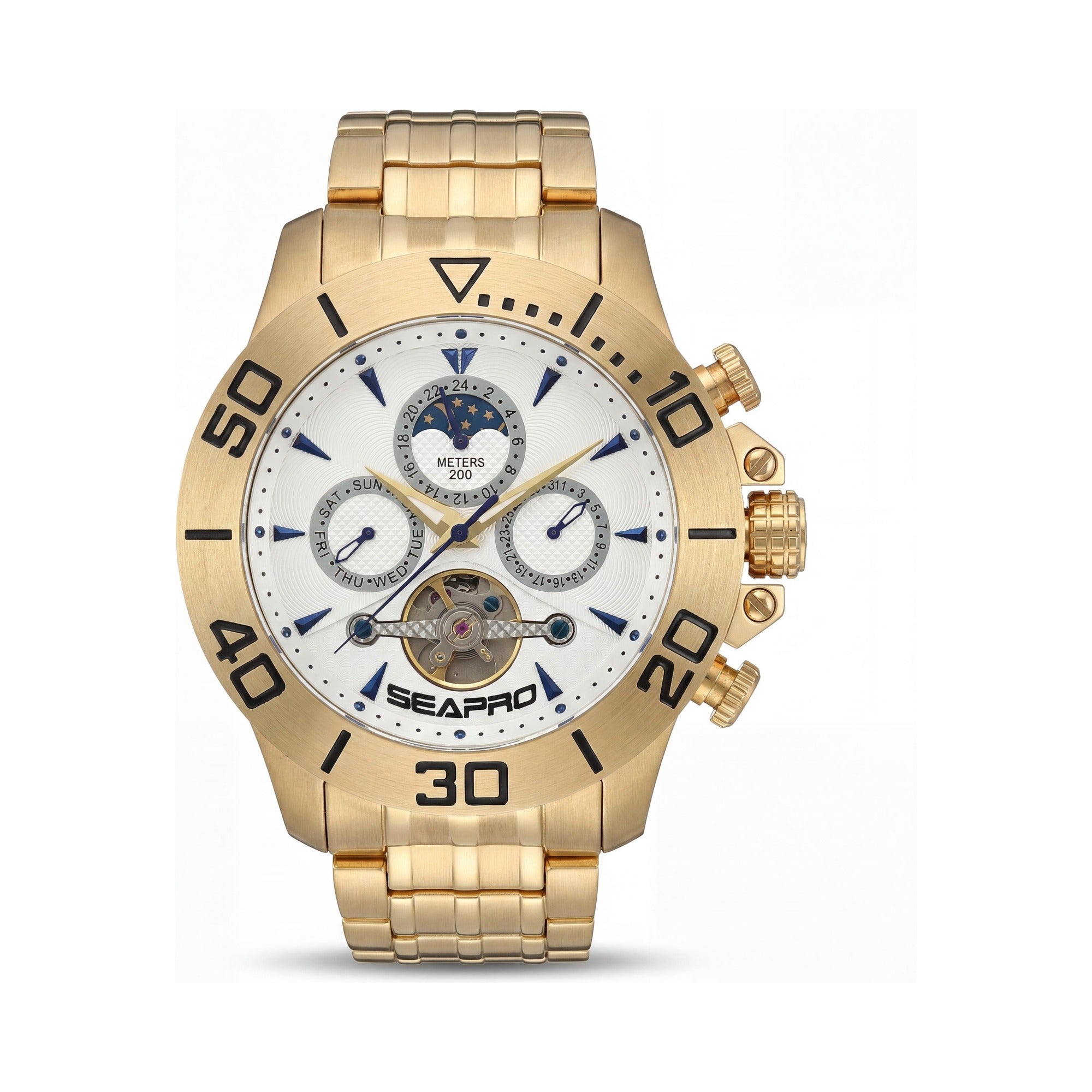 Reloj de hombre Seapro Montecillo automático cronógrafo fase lunar de acero inoxidable dorado 50 mm resistente al agua 200 m, Photo 1