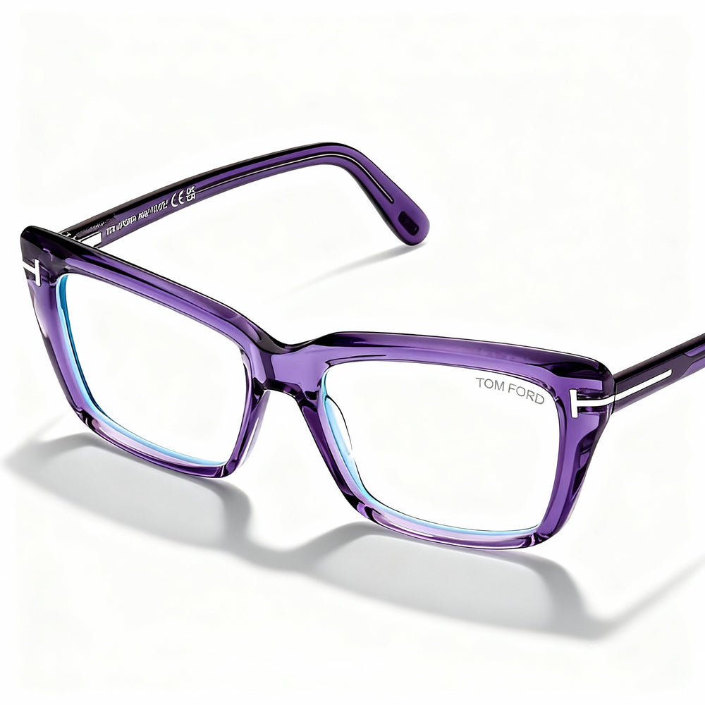 Montura de acetato Tom Ford para mujer, diseño ojo de gato, con logo T, transparente, violeta, 54 mm