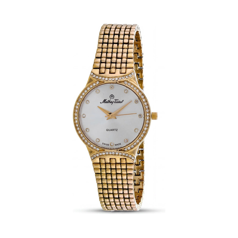 Reloj Mathey-Tissot para mujer con movimiento de cuarzo, esfera dorada y cristal de zafiro, resistente al agua hasta 50 m.