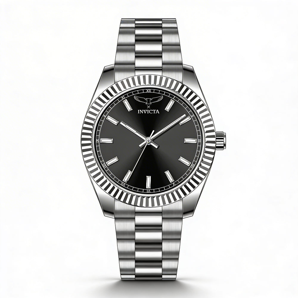 Reloj de cuarzo Invicta Specialty 69014 para hombre, caja de acero inoxidable plateado de 40 mm, esfera negra, brazalete de acero inoxidable.