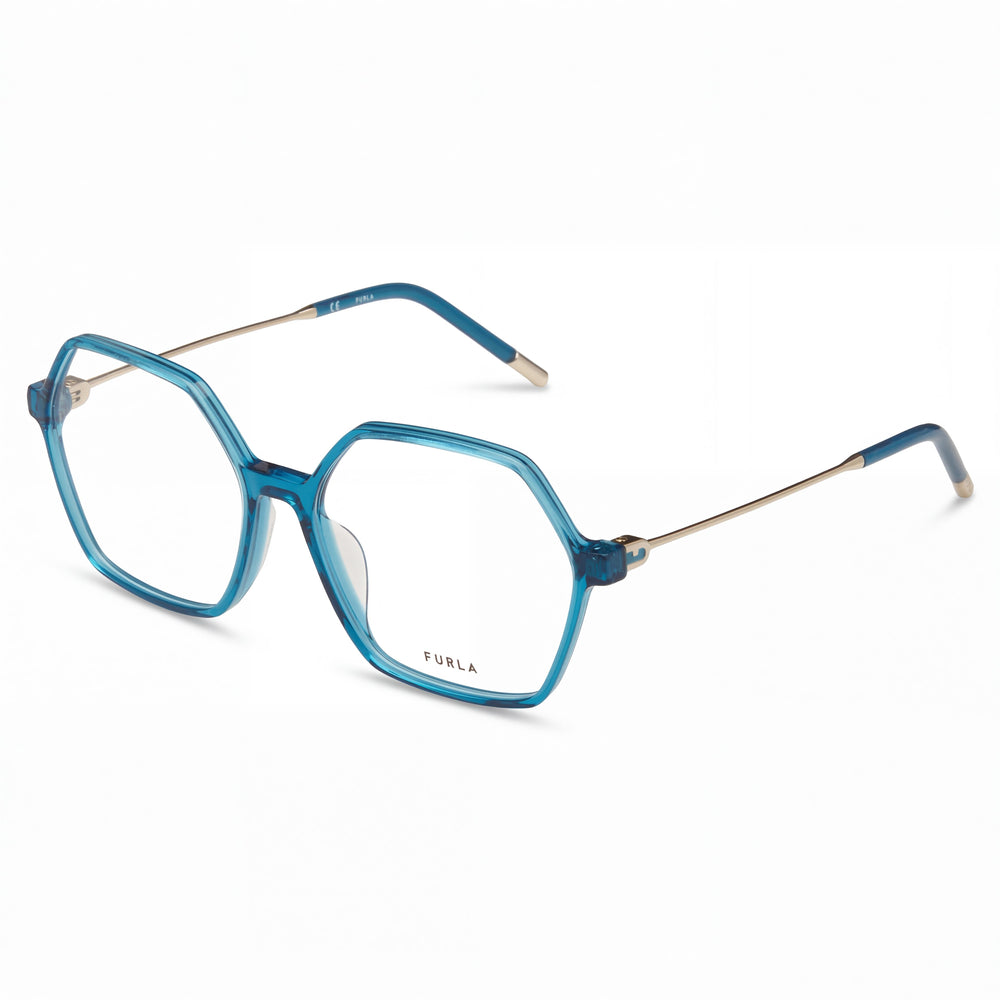 Gafas Furla VFU636 para mujer, montura completa, de acetato, con diseño geométrico moderno, azul cielo transparente, 54 mm