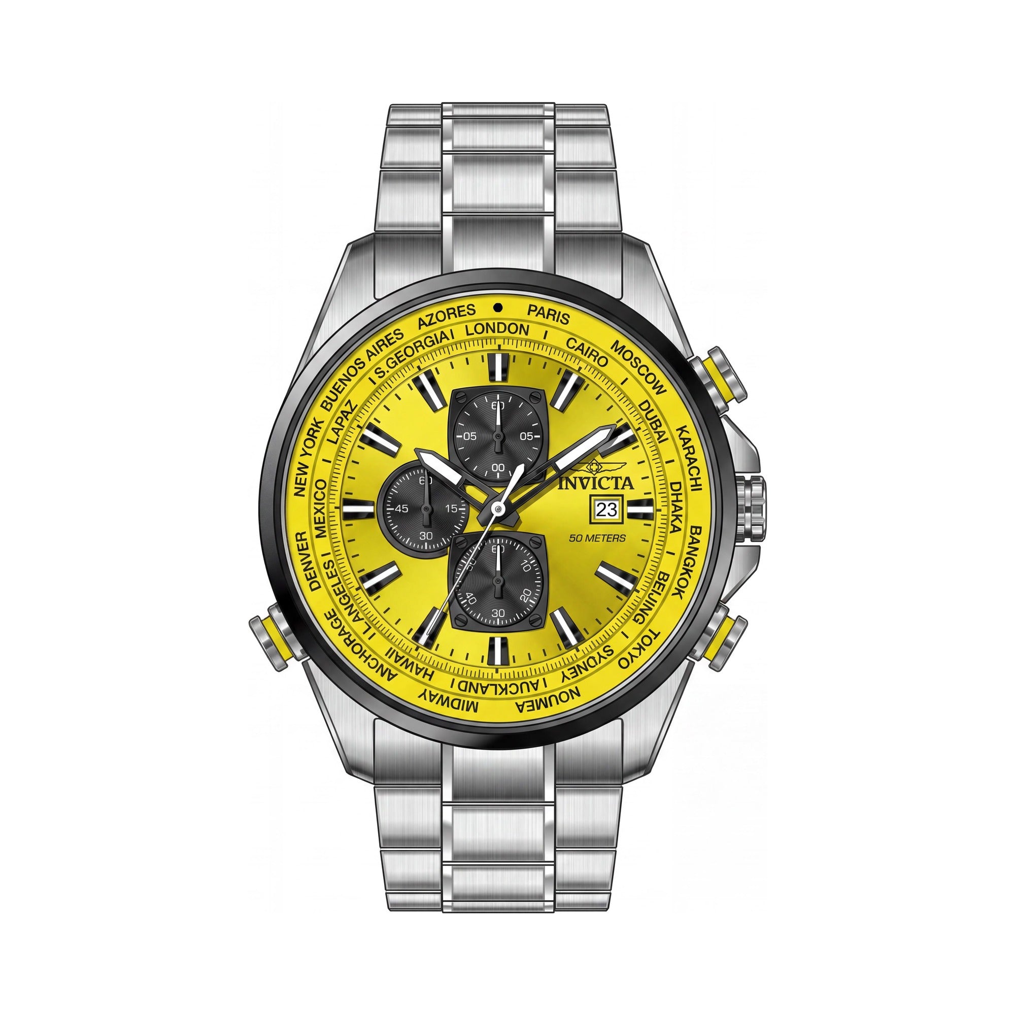 Invicta Aviator 50503 Men's Quartz Watch, 50mm Case, Yellow Dial, Stainless Steel Bracelet, Photo 1