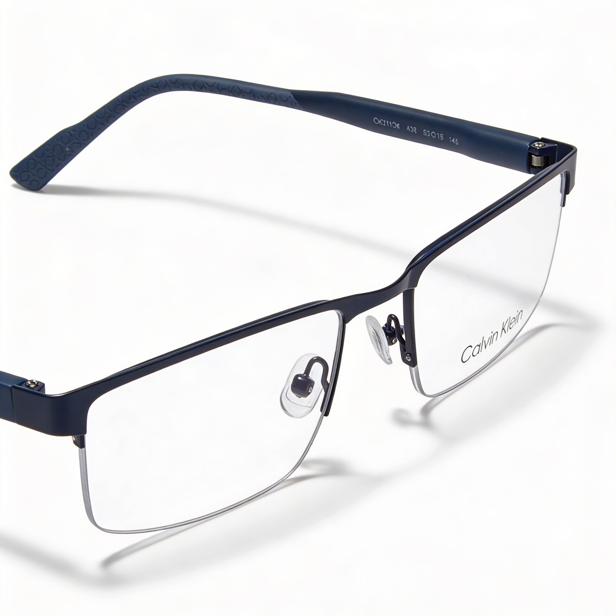 Calvin Klein Classic Unisex Dark Blue Metal Semi-Rimless Rectangle Eyeglasses with Polycarbonate Clear Demo Lenses 55mm, Photo 2
