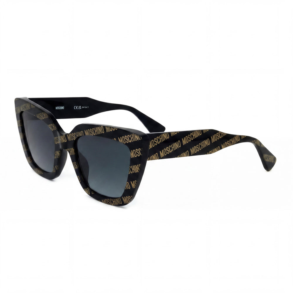 Moschino Women's Casual Cat Eye Plastic Sunglasses, Pattern Black Frame, Dark Grey Shaded Lenses, 100% UV Protection 52-21-140
