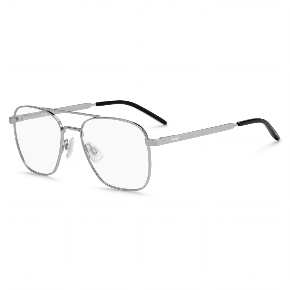 HUGO Square Double Bridge Men's Stainless Steel Ruthenium Eyeglasses Clear Demo Lenses 55-19-145
